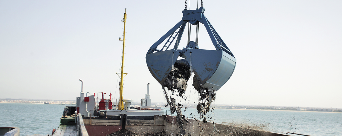 A harbour crane handling a residual material stream